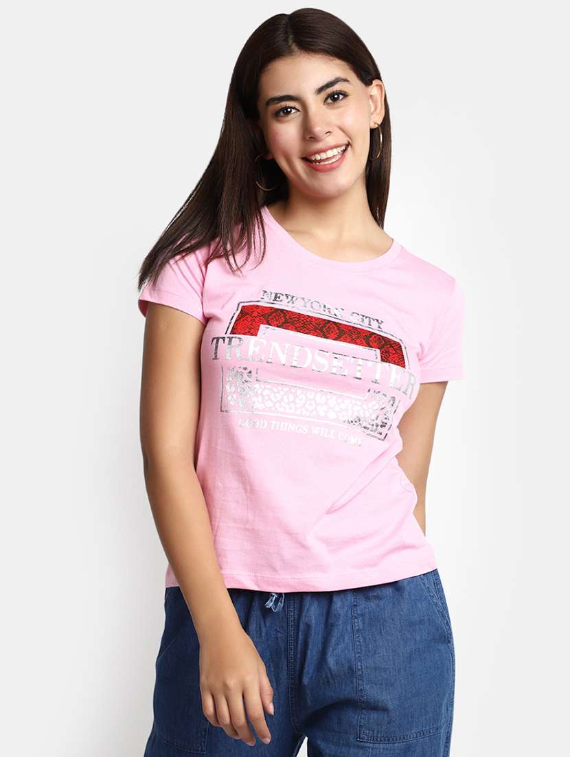 women's chest print round neck t-shirt