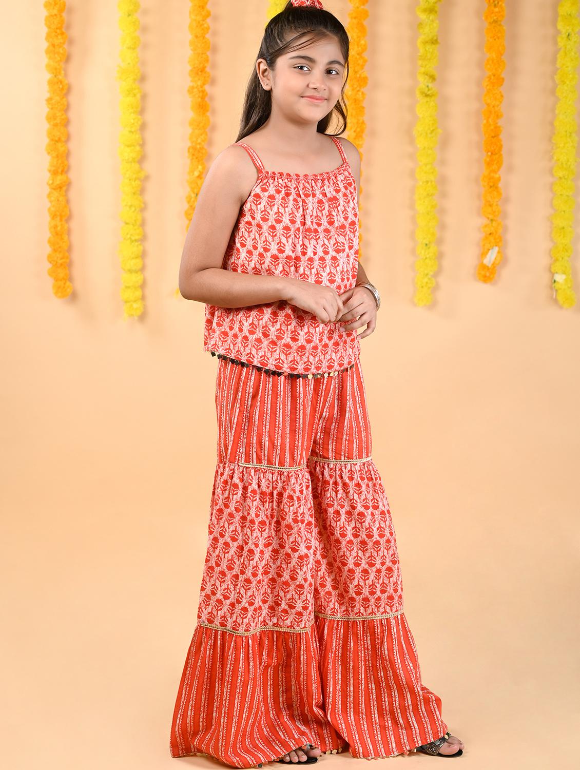 orange batik print kurta sharara set - 20369525 - Standard Image - 1