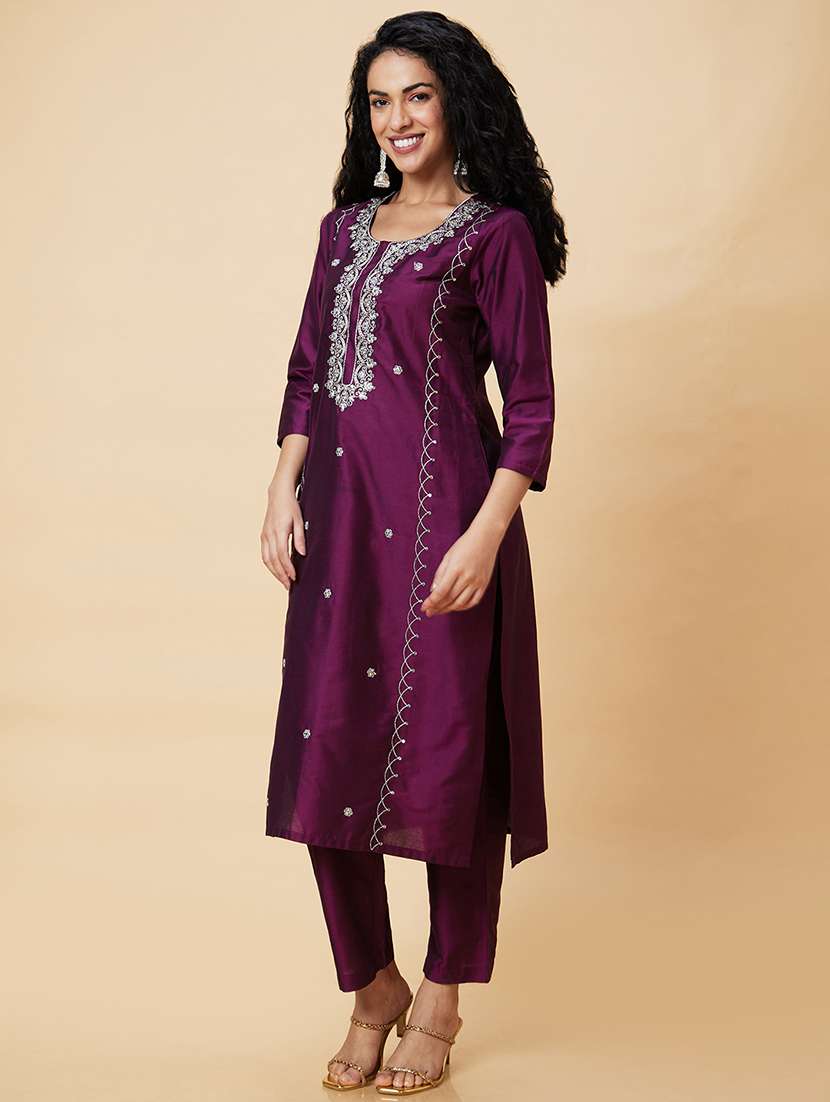 globus women purple embroidered ethnic motifs festive straight kurta with trousers - 20375069 -  Standard Image - 1