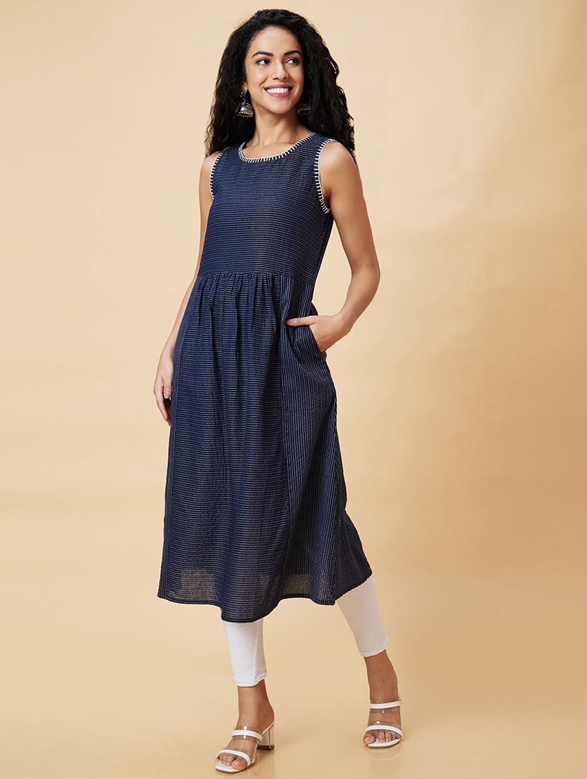 women navy blue cotton a-line kurta - 20375071 - Standard Image - 1