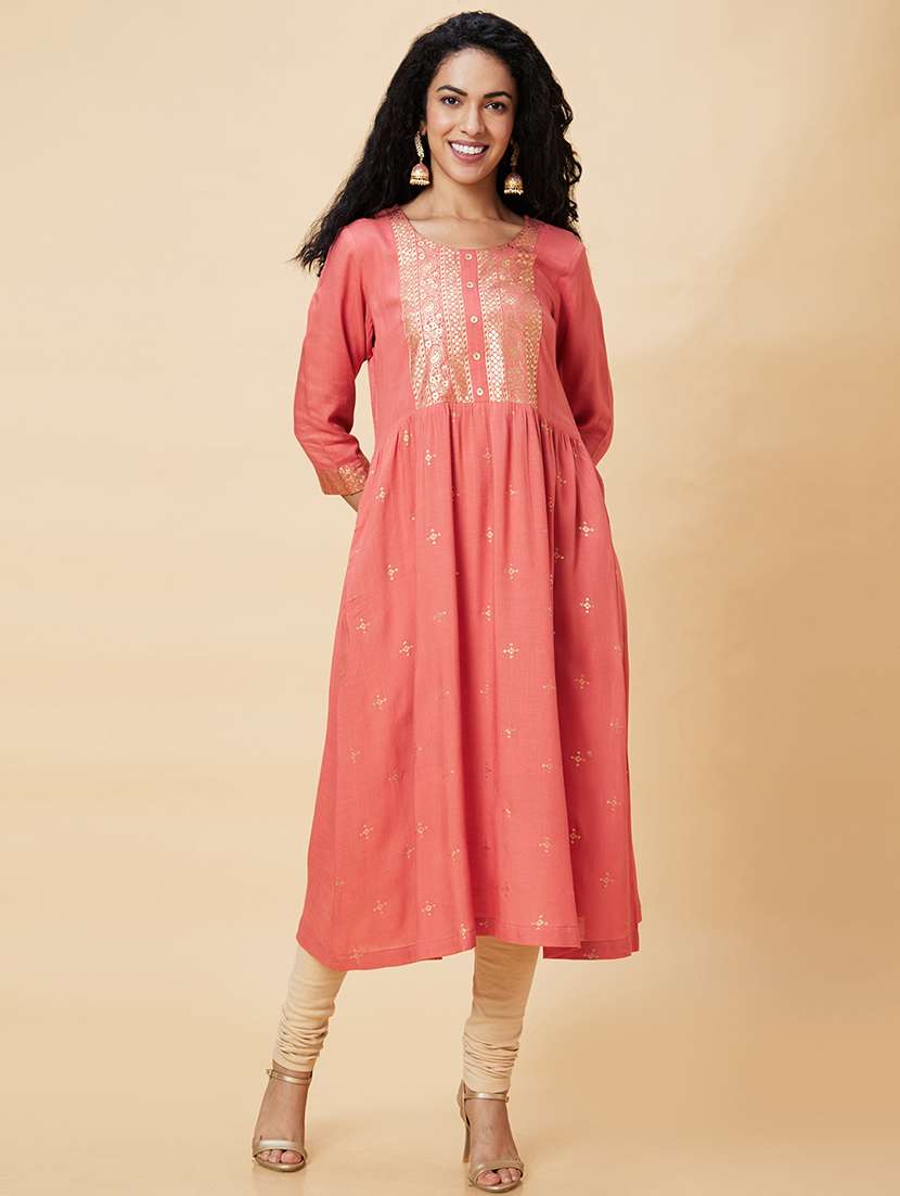 women coral viscose a-line kurta