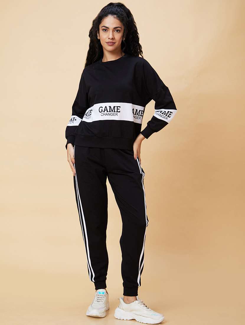 globus women black typography printed boxy fit sweatshirt & side striped joggers co-ord set