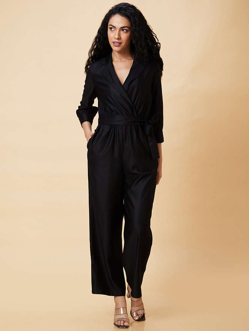 globus women black notched lapel cuffed sleeves waist tie-up party jumpsuit - 20375090 -  Standard Image - 4