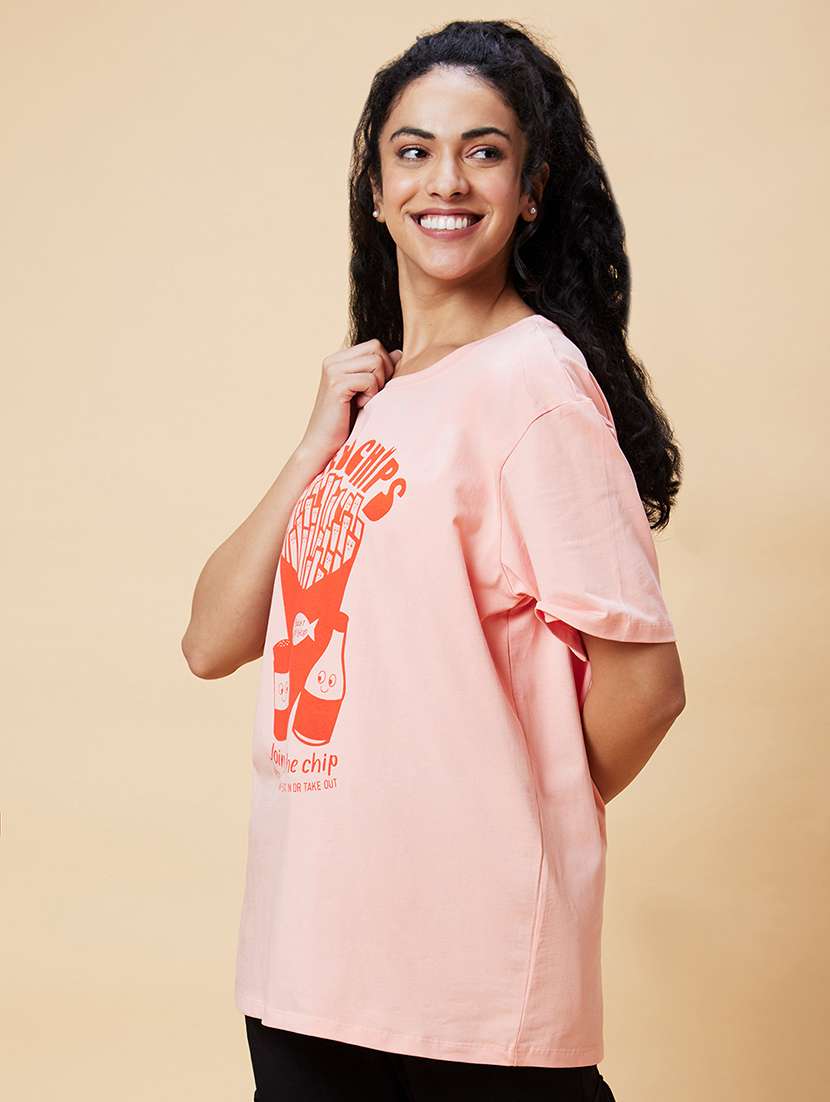 women's chest print round neck t-shirt - 20375094 -  Standard Image - 1