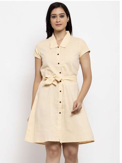 beige solid short sleeves shirt dress  - 20375239 -  Standard Image - 0