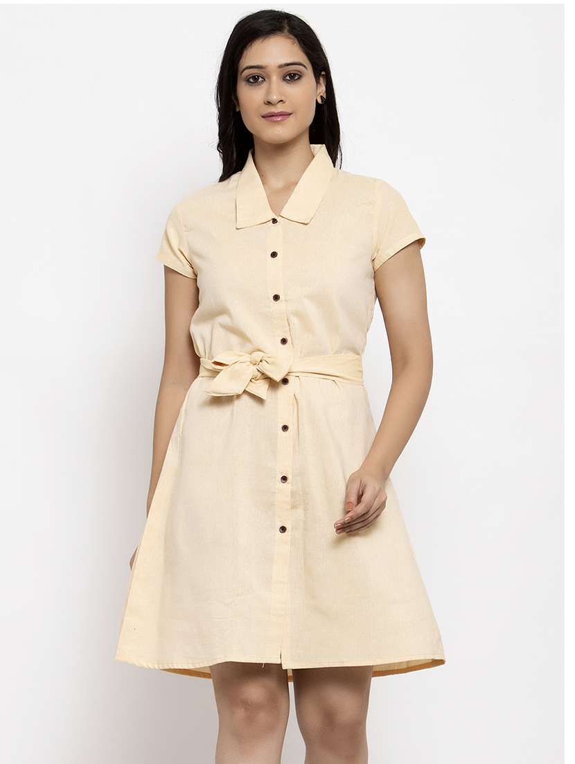 beige solid short sleeves shirt dress 
