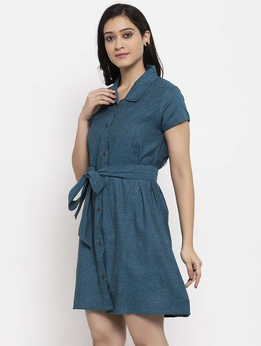 women blue solid short sleeves shirt dress  - 20375240 -  Standard Image - 1