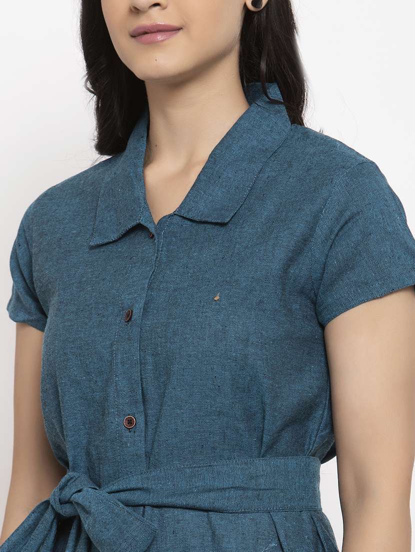 women blue solid short sleeves shirt dress  - 20375240 -  Standard Image - 4