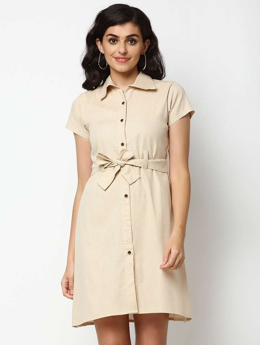 women beige solid short sleeves shirt dress 