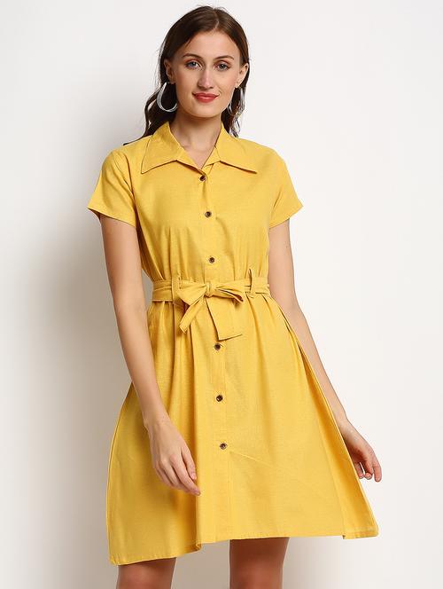 women yellow solid short sleeves shirt dress - 20375246 - Standard Image - 0