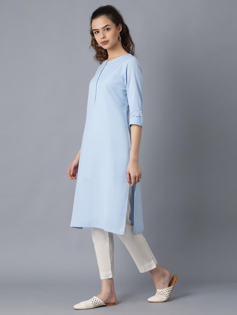 women light blue cotton straight kurta - 20375248 - Standard Image - 1