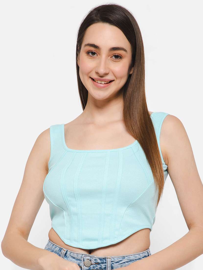 light blue solid sleeveless crop top