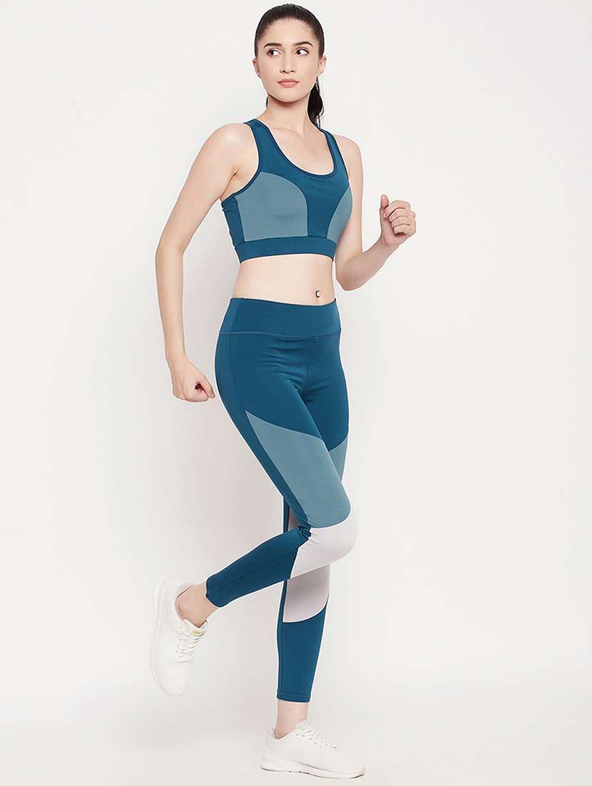 blue color blocked ankle length legging - 20375906 -  Standard Image - 4