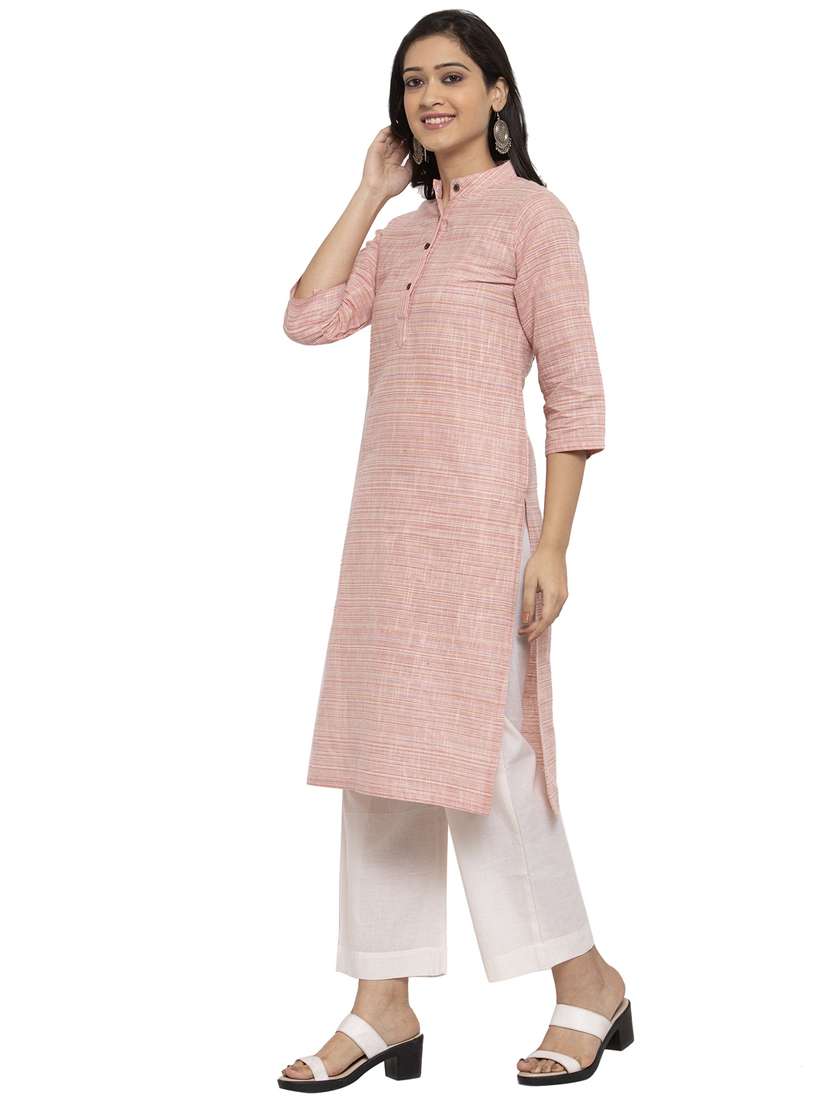 women pink mandarin neck straight kurta - 20375996 -  Standard Image - 1