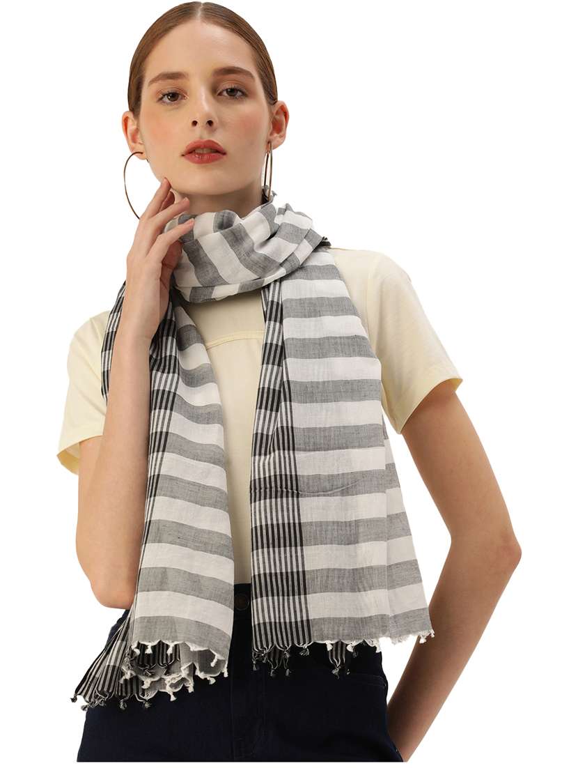 handwoven black and white stripes cotton scarf