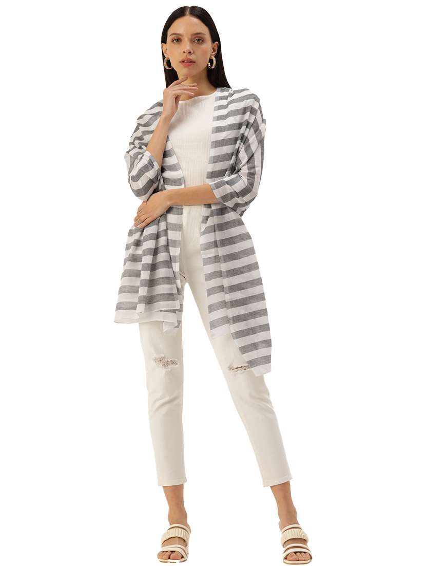 white with grey striped handwoven cotton scarf - 20376187 -  Standard Image - 1