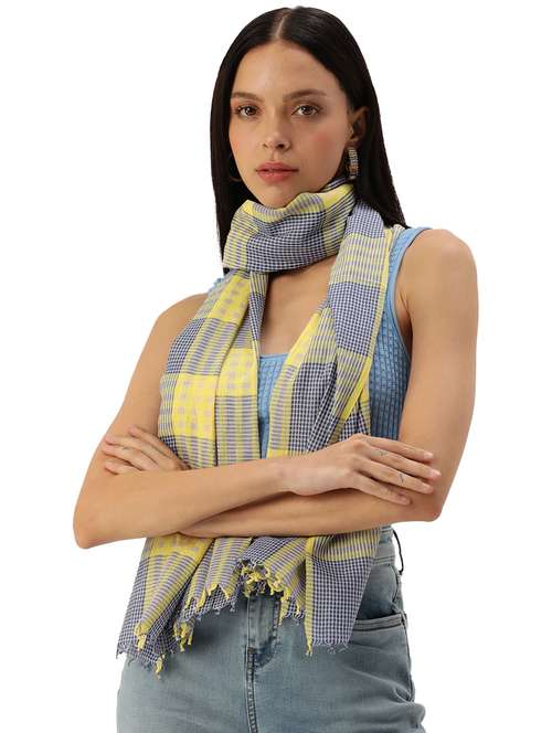 handwoven yellow, blue & white cotton checkered scarf - 20376188 - Standard Image - 0
