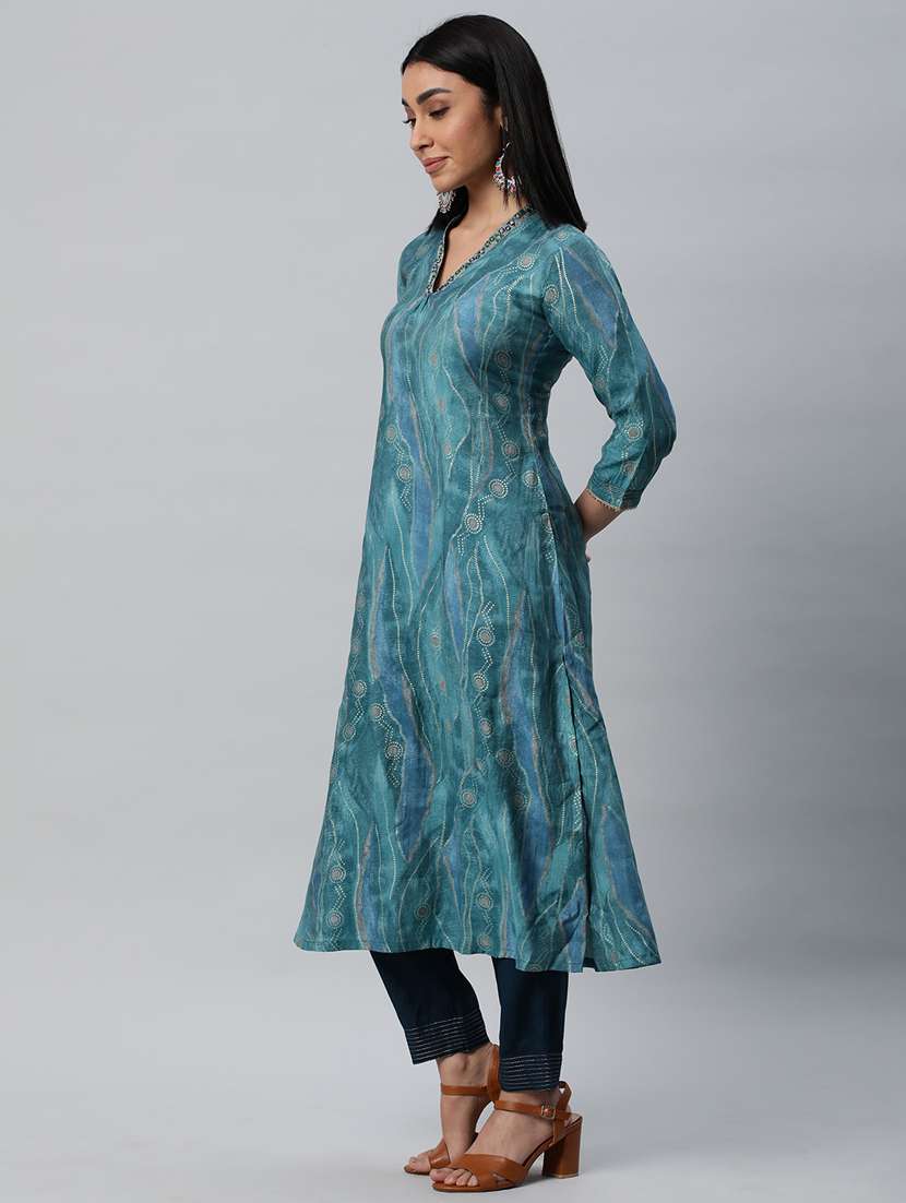 women blue v-neck a-line kurta - 20376194 -  Standard Image - 1