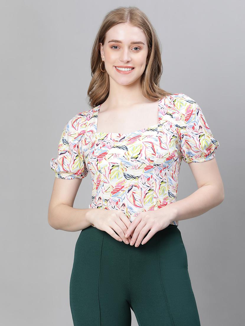 multi colored printed puff sleeves crop top - 20376628 -  Zoom Image - 0