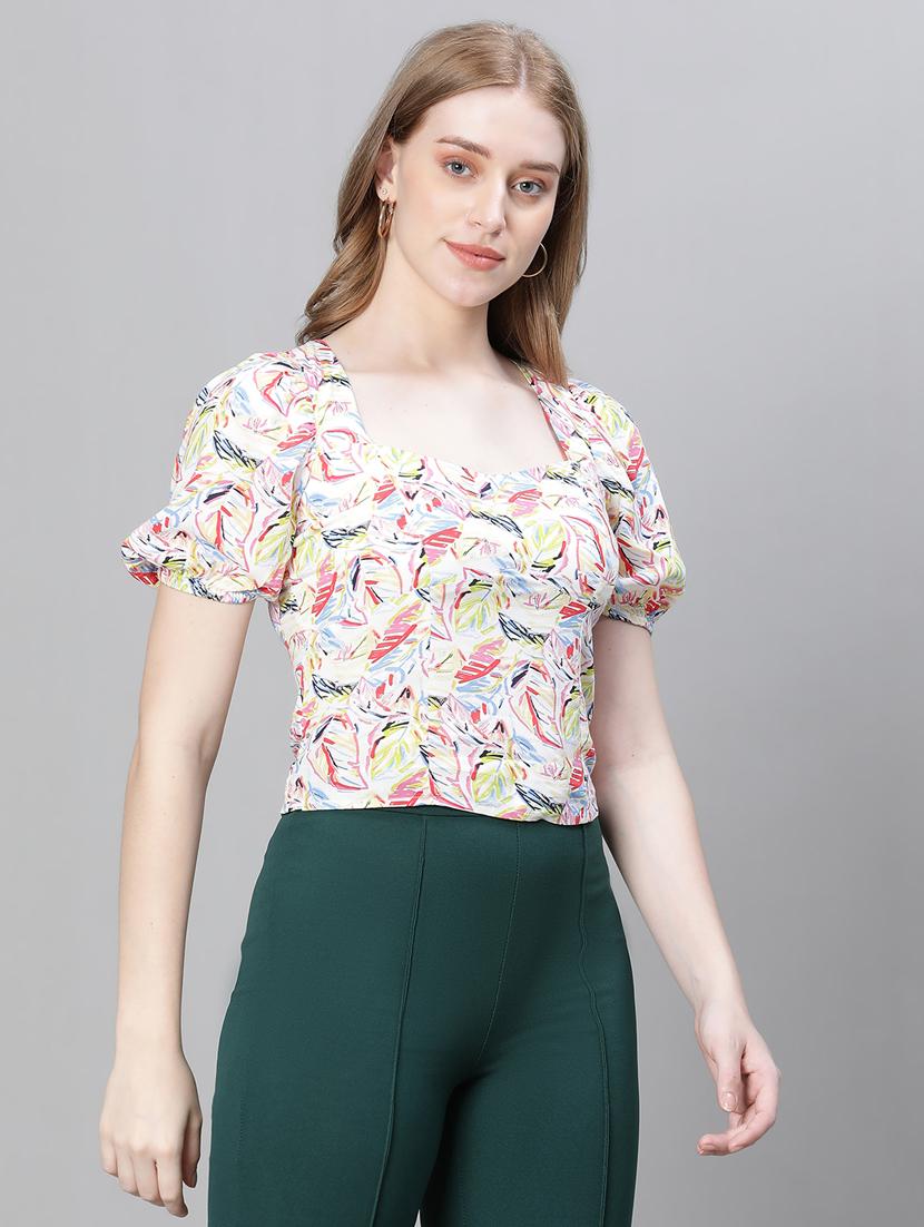 multi colored printed puff sleeves crop top - 20376628 -  Standard Image - 1