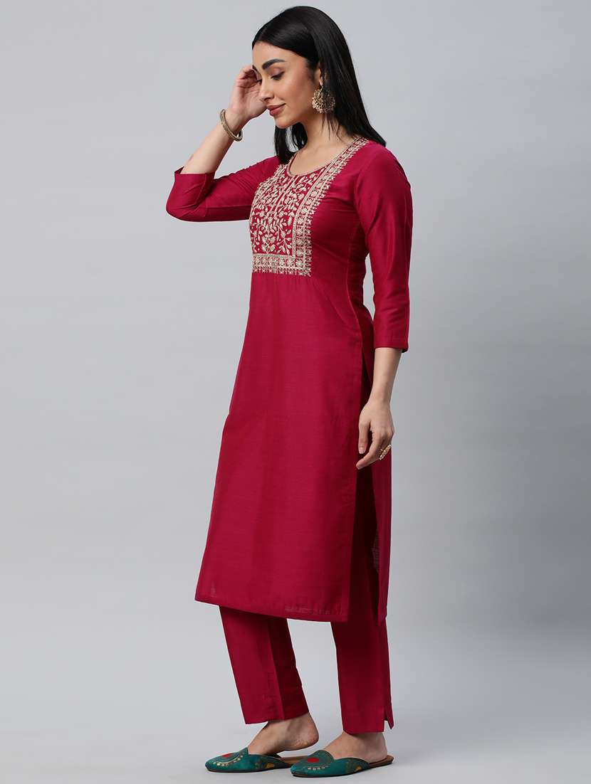 women magenta round neck kurta pant set with dupatta - 20376650 - Standard Image - 1