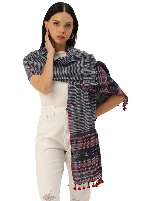 handwoven navy blue and white striped cotton scarf with maroon selvedge & tassels - 20376799 - Standard Image - 0