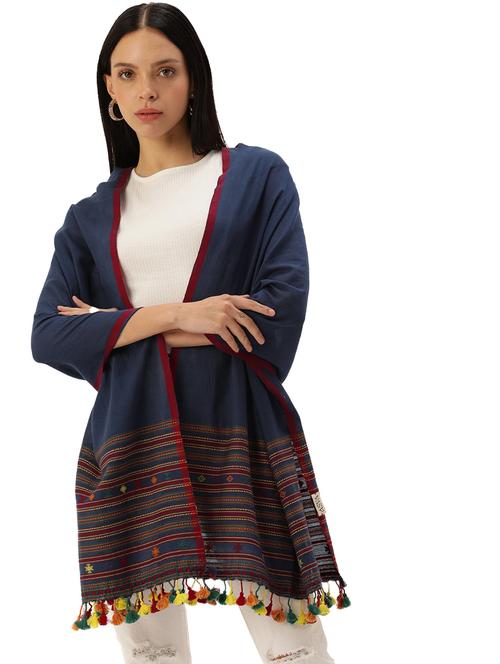 handwoven blue cotton scarf with red selvedge & colorful tassels - 20376825 - Standard Image - 0