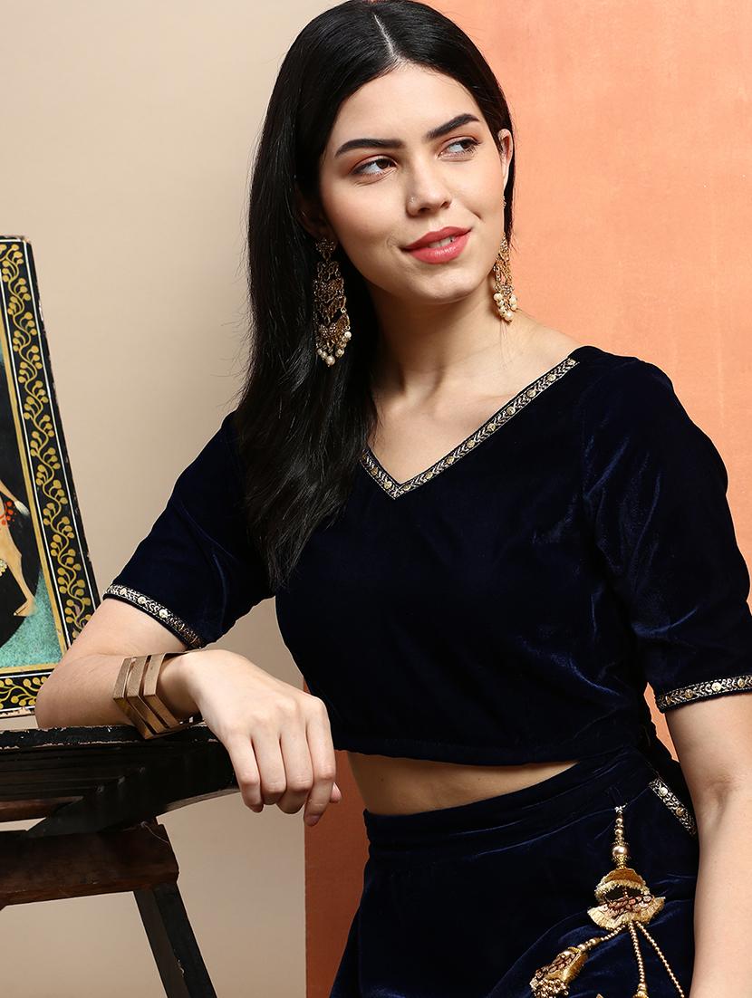 women navy blue solid v-neck blouse - 20376836 - Standard Image - 4