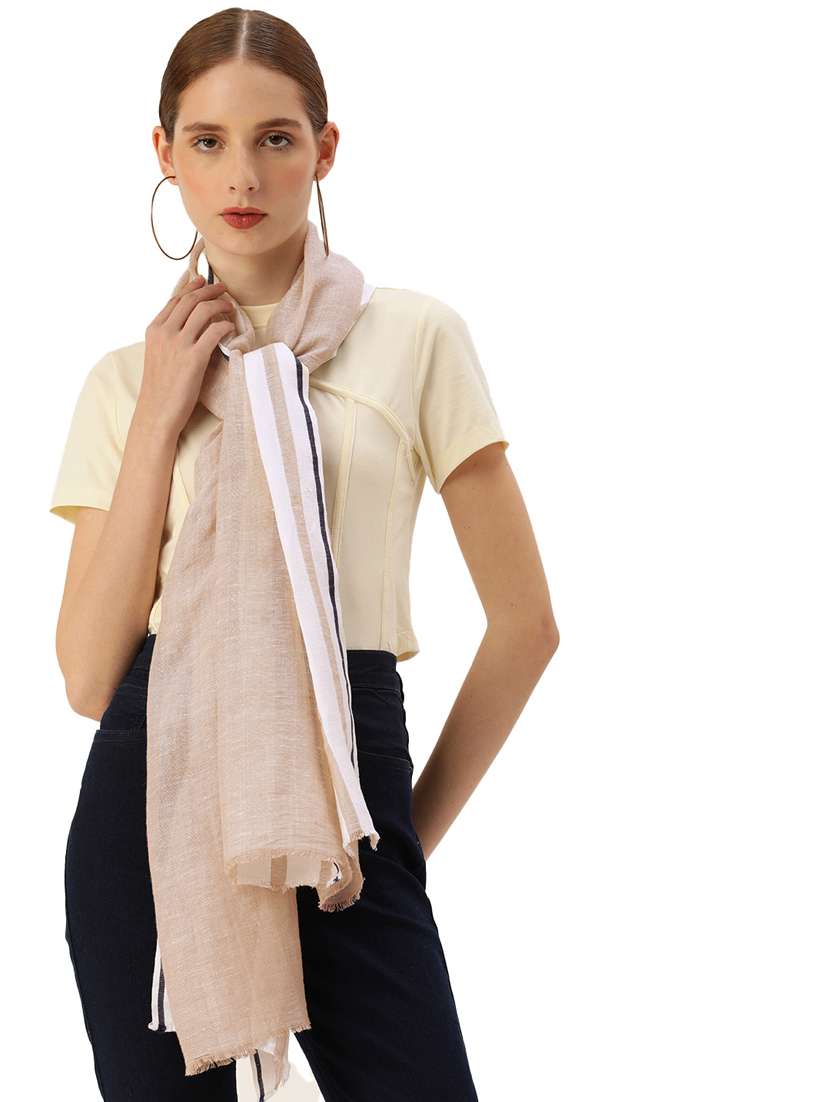 cotton linen scarf with beige & white striped border 