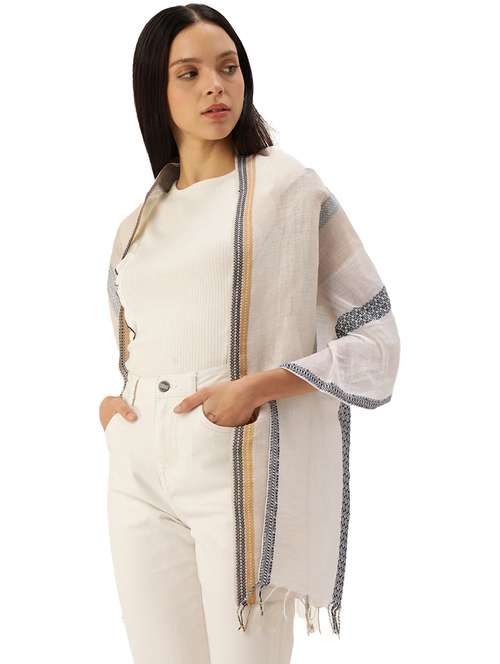 handwoven linen scarf with stripes of jacquard weaving in dual colour - 20376858 -  Standard Image - 0