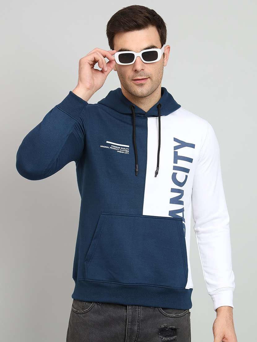 men teal color block hooded sweatshirt