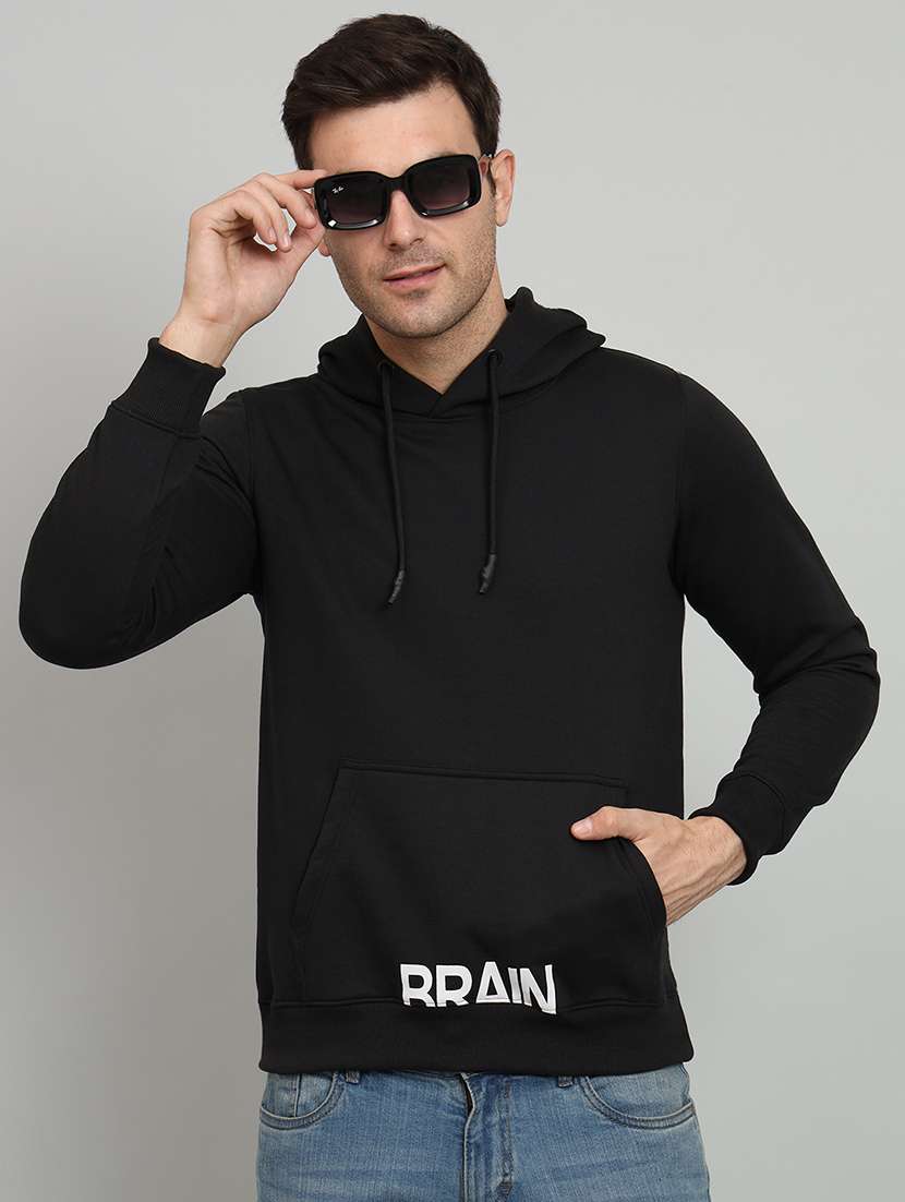 men black typographic print hooded fleece front print sweatshirt
