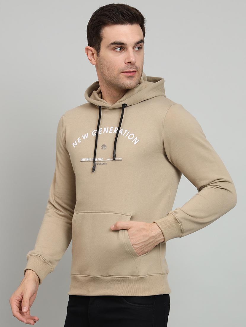 men beige typographic print hooded fleece chest print sweatshirt - 20377767 - Standard Image - 1