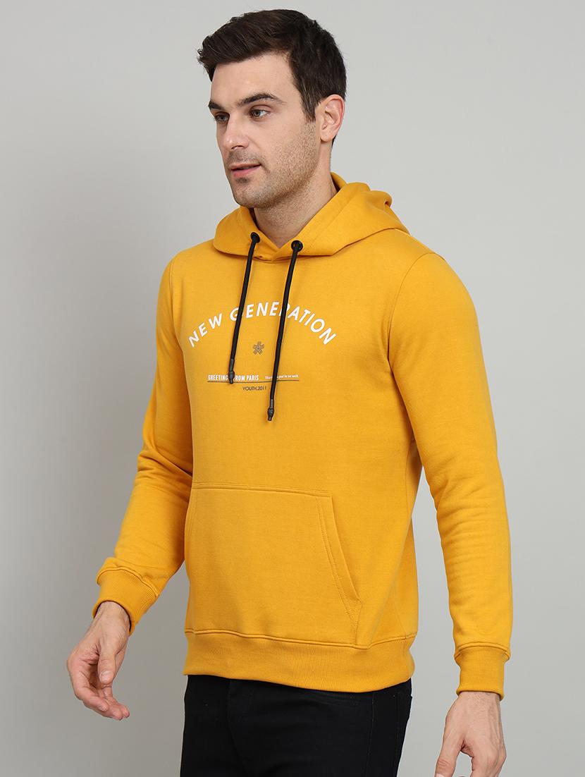 men typographic print mustard fleece hooded front print sweatshirt - 20377768 - Standard Image - 1