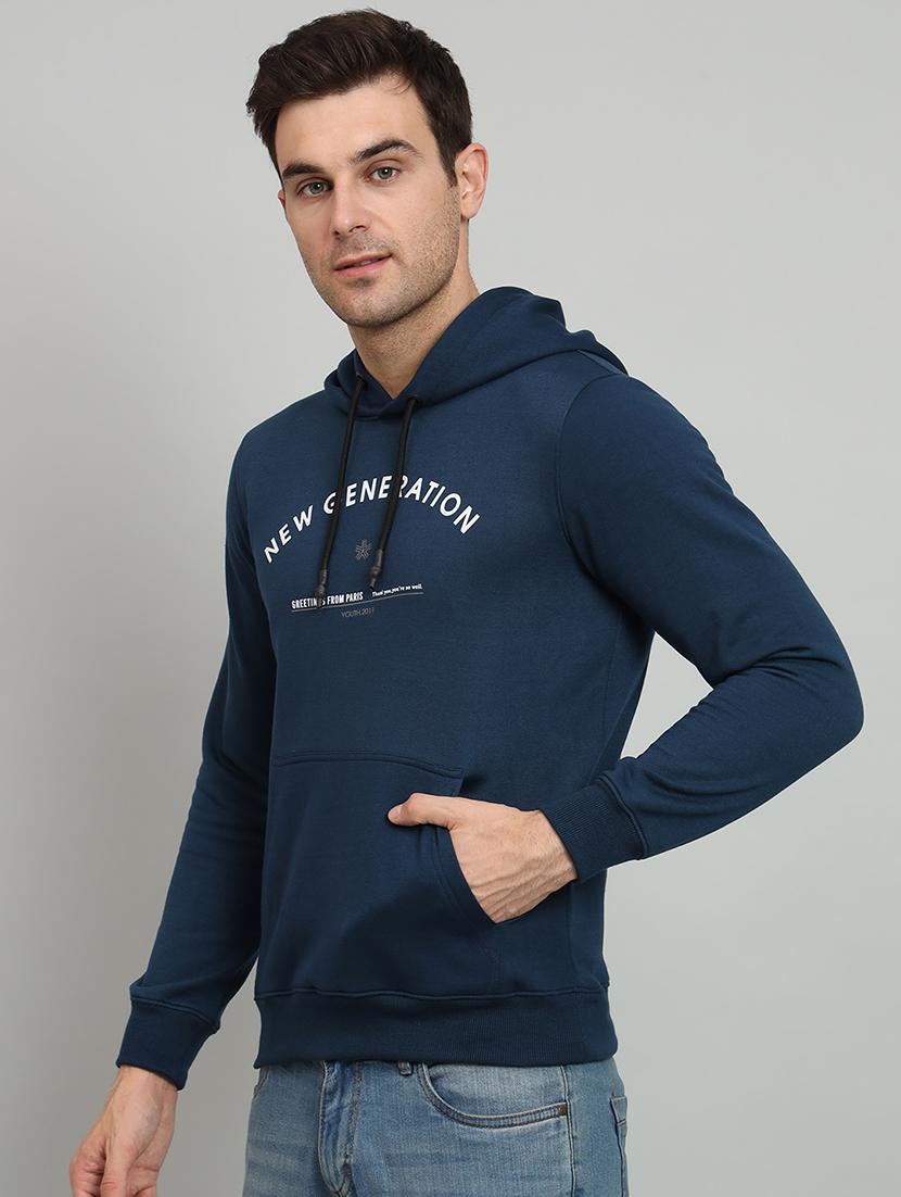 men typography print teal fleece hooded front print sweatshirt - 20377769 -  Standard Image - 1