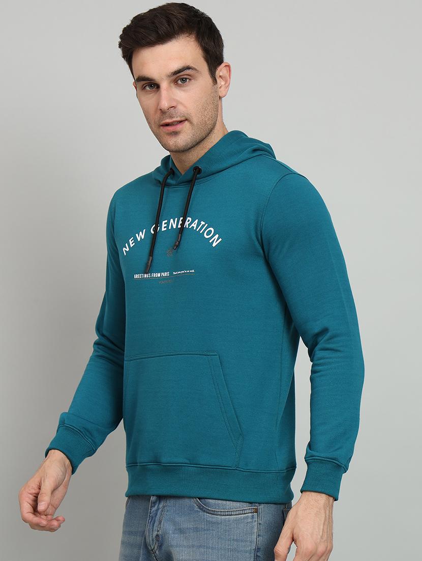 men typography print teal fleece hooded chest print sweatshirt - 20377771 - Standard Image - 1