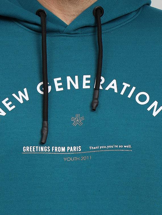 men typography print teal fleece hooded chest print sweatshirt - 20377771 - Standard Image - 4