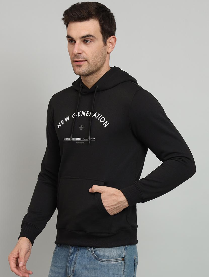 men black typographic print hooded fleece chest print sweatshirt - 20377772 - Standard Image - 1