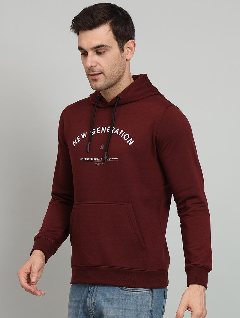 men typographic print maroon fleece hooded chest print sweatshirt - 20377774 -  Standard Image - 1