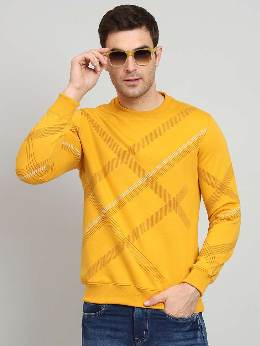 men mustard checkered fleece all over print sweatshirt