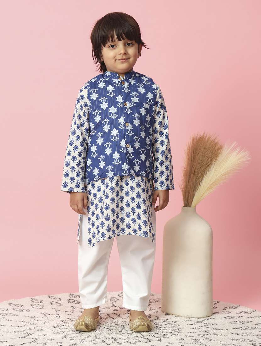 boys block printed kurta & bottom set