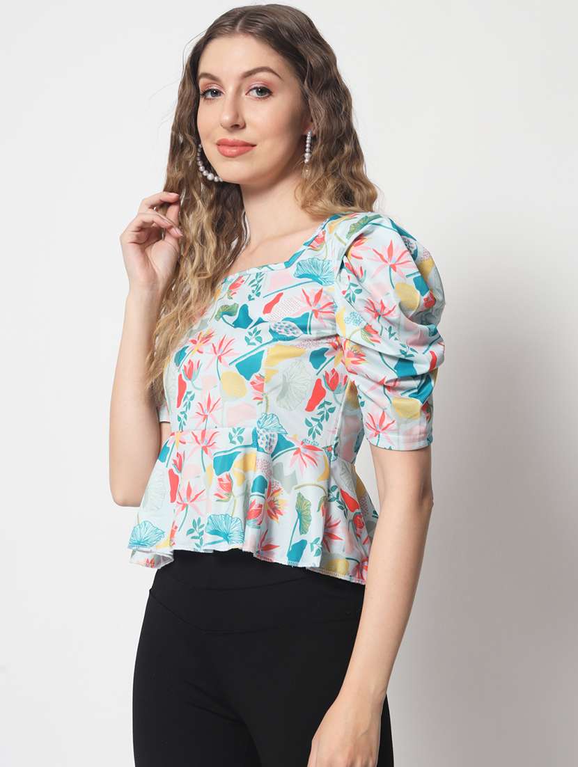 light blue quirky print puff sleeves peplum top - 20381531 -  Standard Image - 1