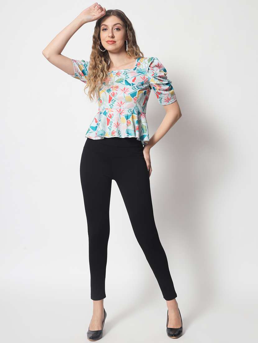 light blue quirky print puff sleeves peplum top - 20381531 -  Standard Image - 4