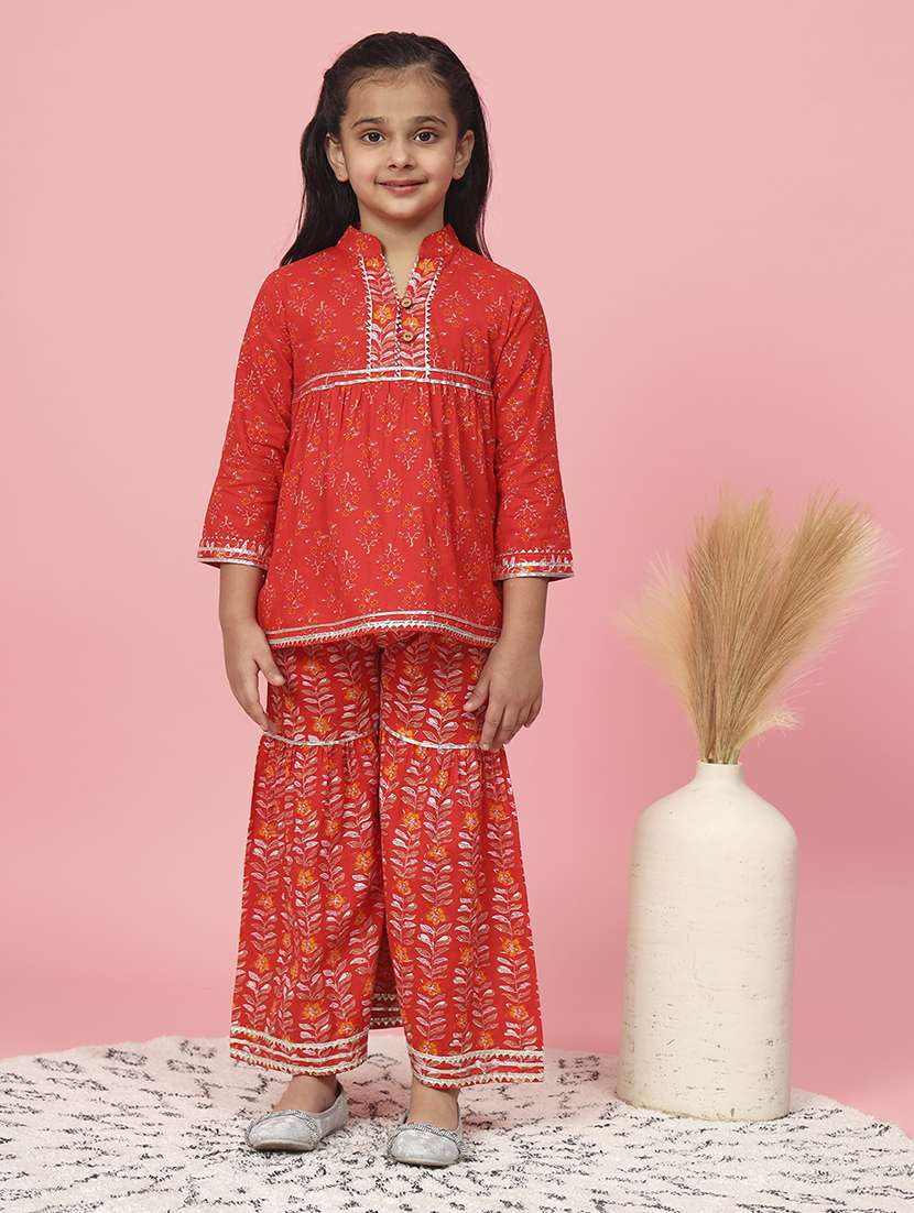 red floral print kurta sharara set