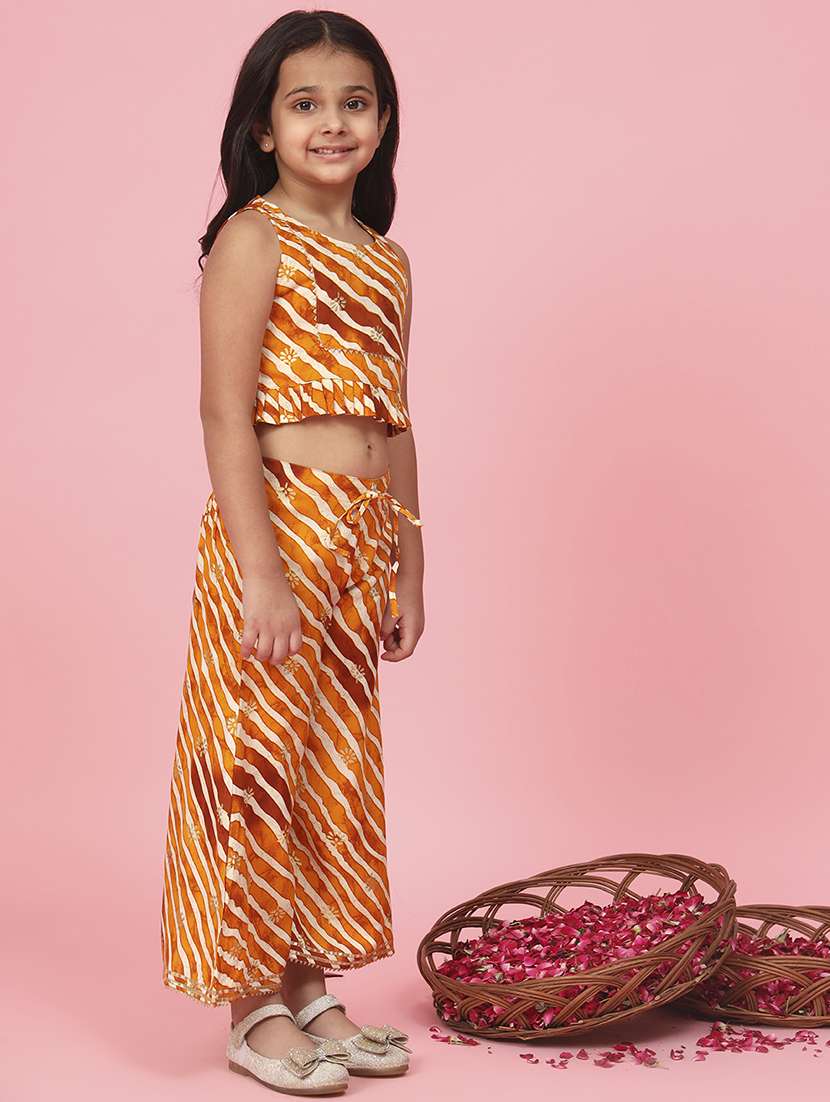 girls leheriya print orange viscose suit set  - 20381552 -  Standard Image - 1