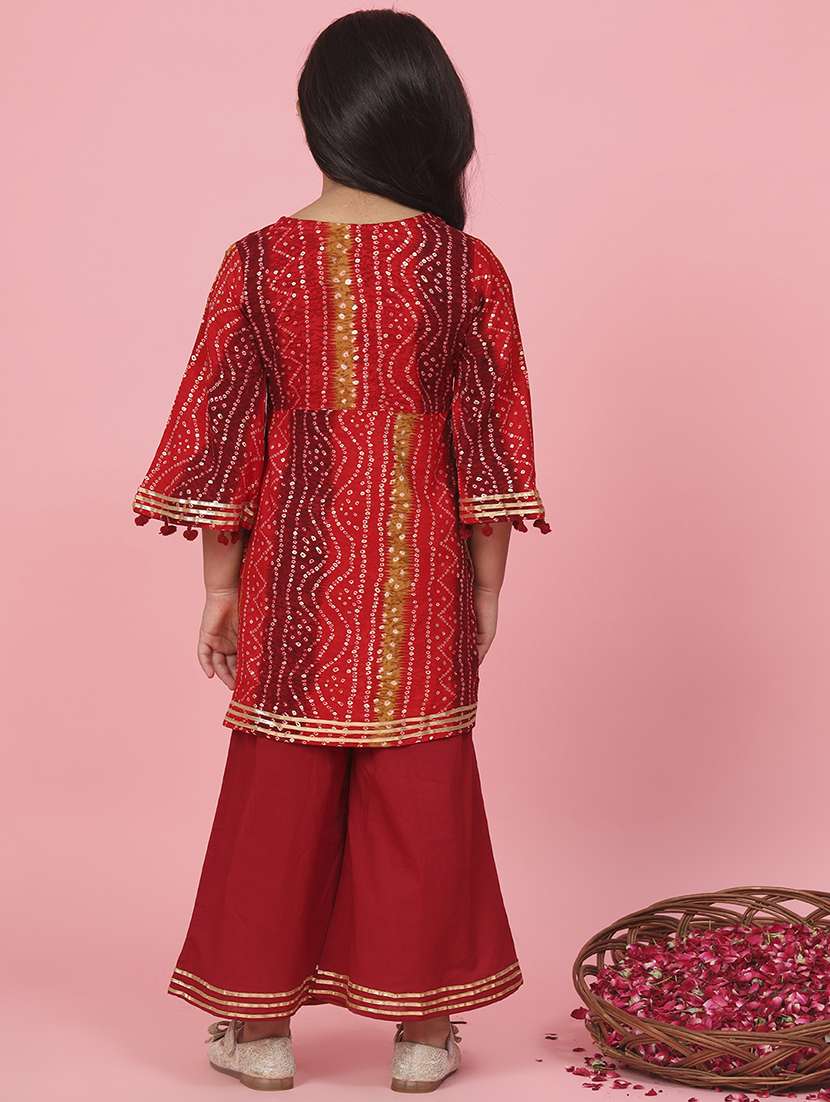 Red Bandhani Print Kurta Palazzo Set