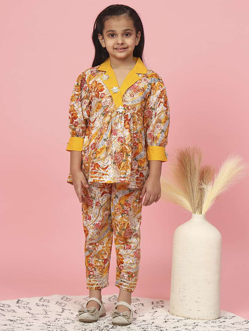 girls multi colored printed cotton suit set
