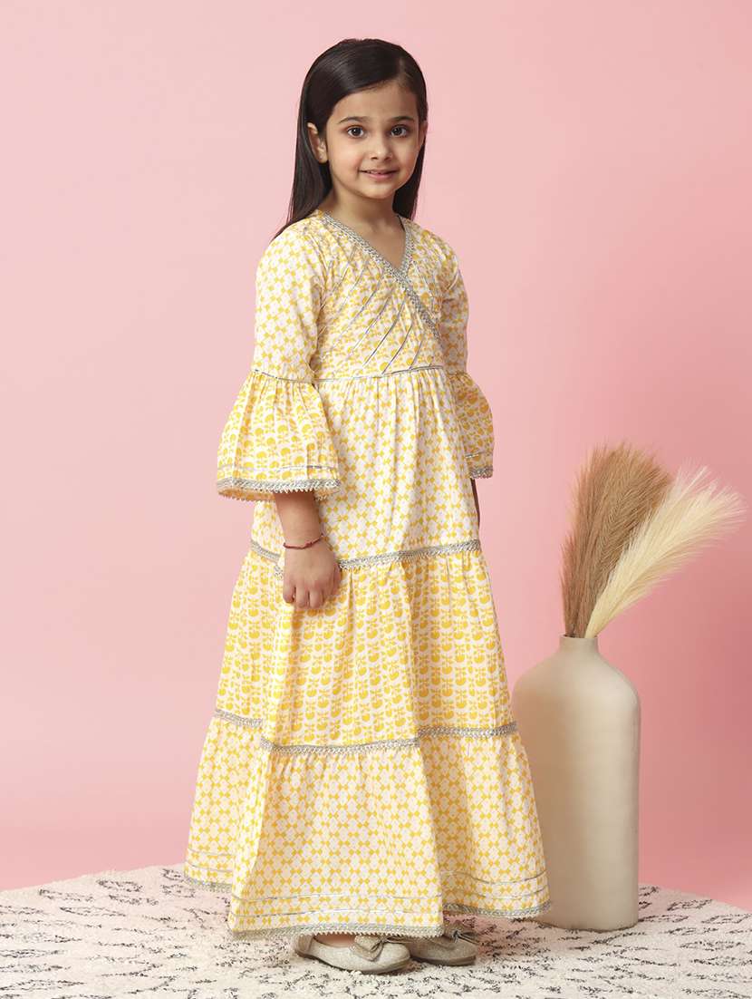 girls yellow v-neck florals party gown - 20381579 -  Standard Image - 1