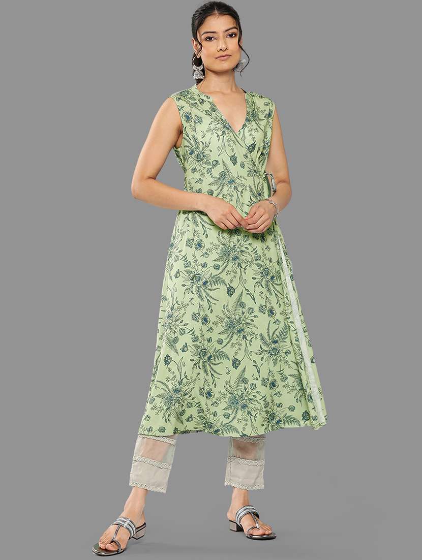 green floral printed angrakha kurta