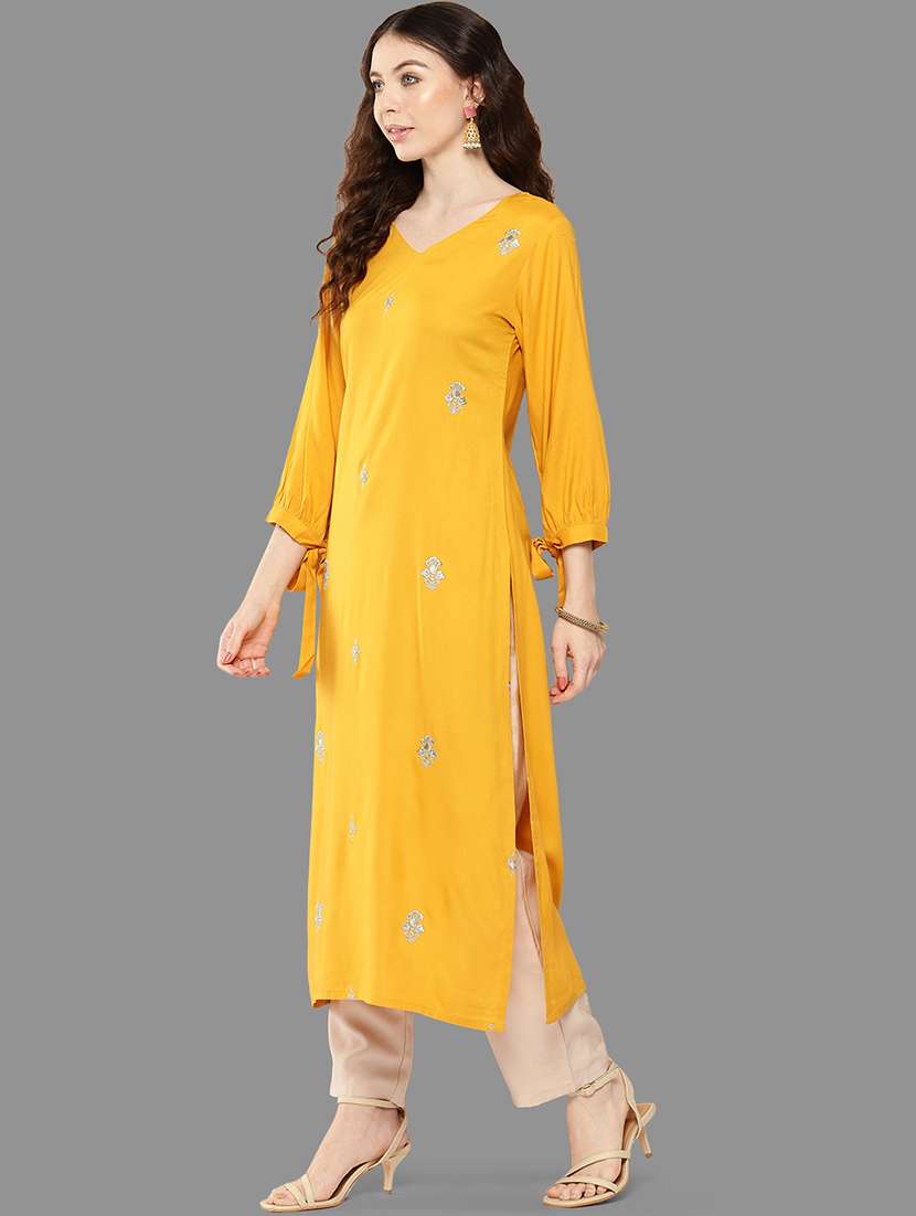 mustard solid with work straight kurta - 20381690 -  Standard Image - 1